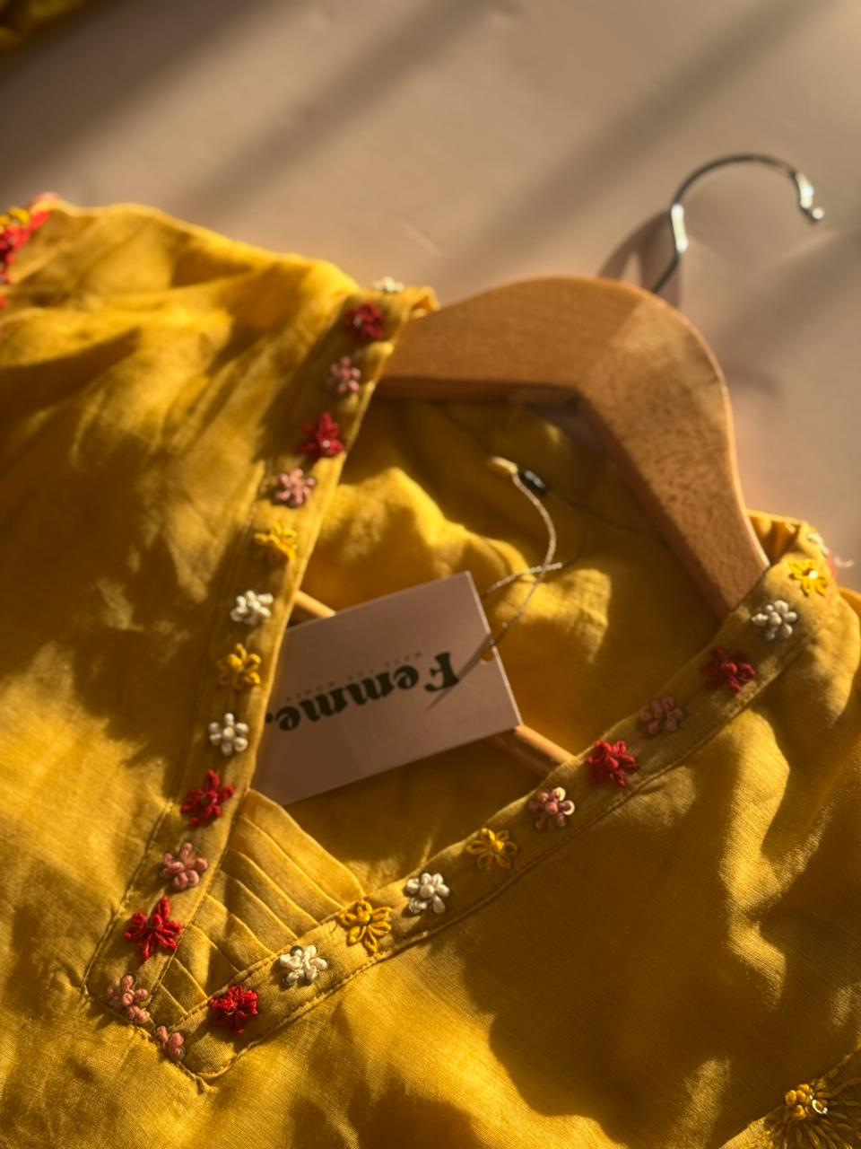 Sunshine Bloom Embroidered Kurti Set