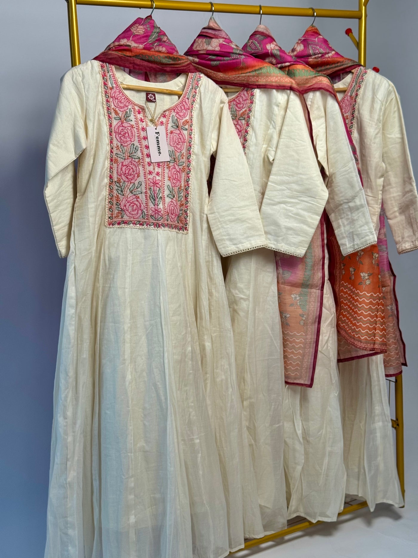 Ethereal Ivory Anarkali with Pink Thread Embroidery