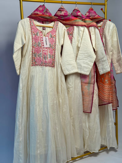 Ethereal Ivory Anarkali with Pink Thread Embroidery
