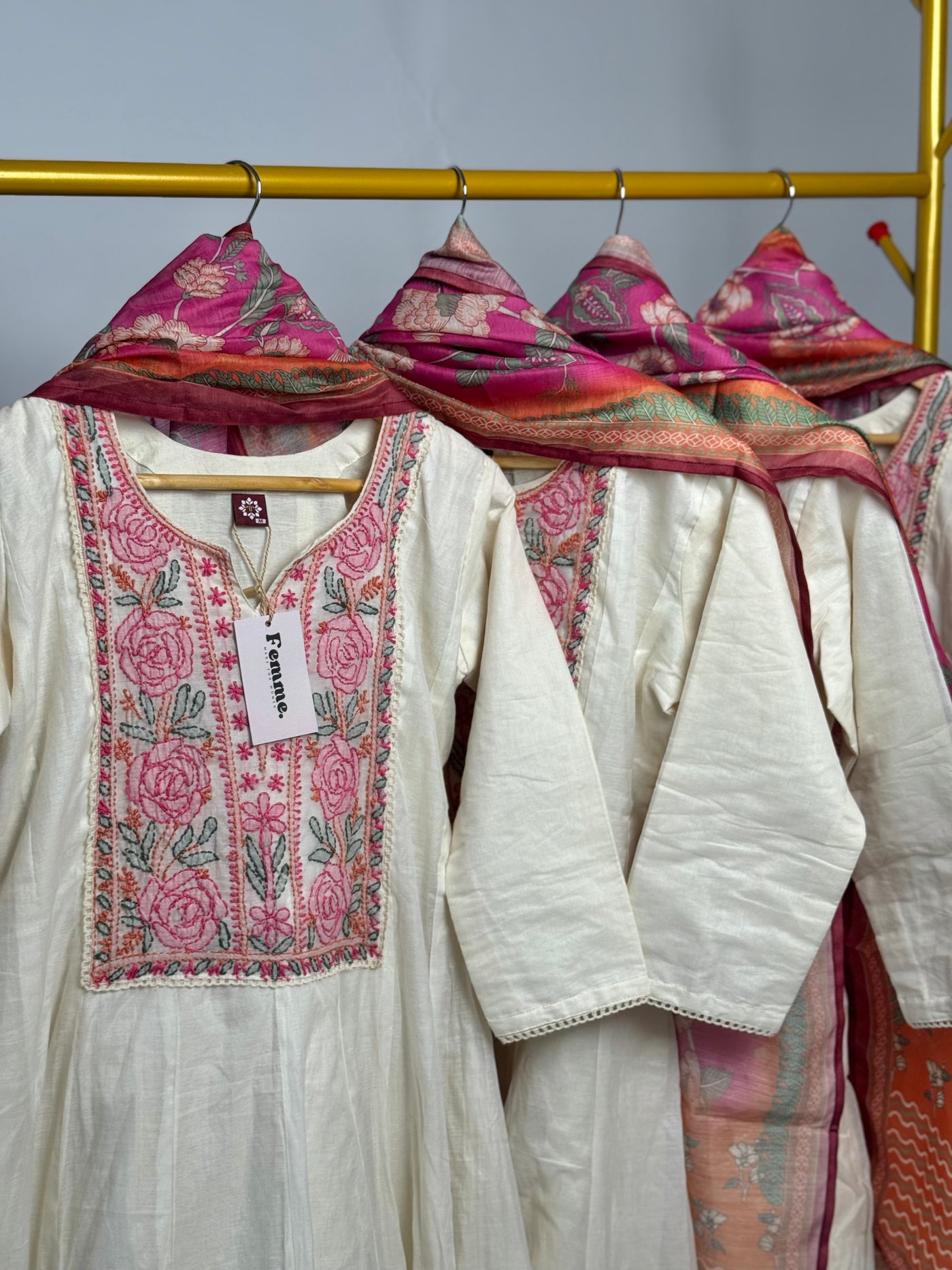 Ethereal Ivory Anarkali with Pink Thread Embroidery
