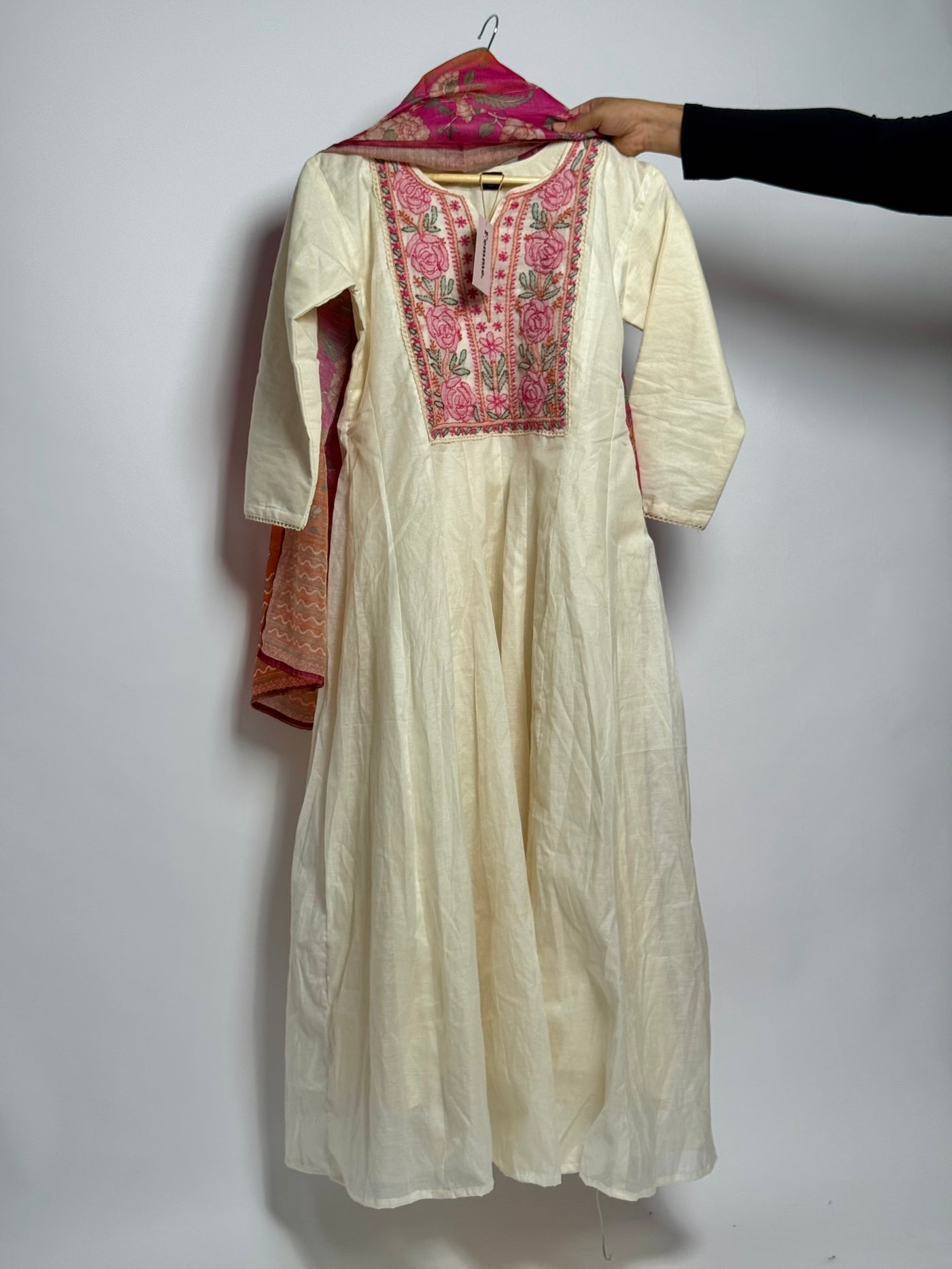Ethereal Ivory Anarkali with Pink Thread Embroidery