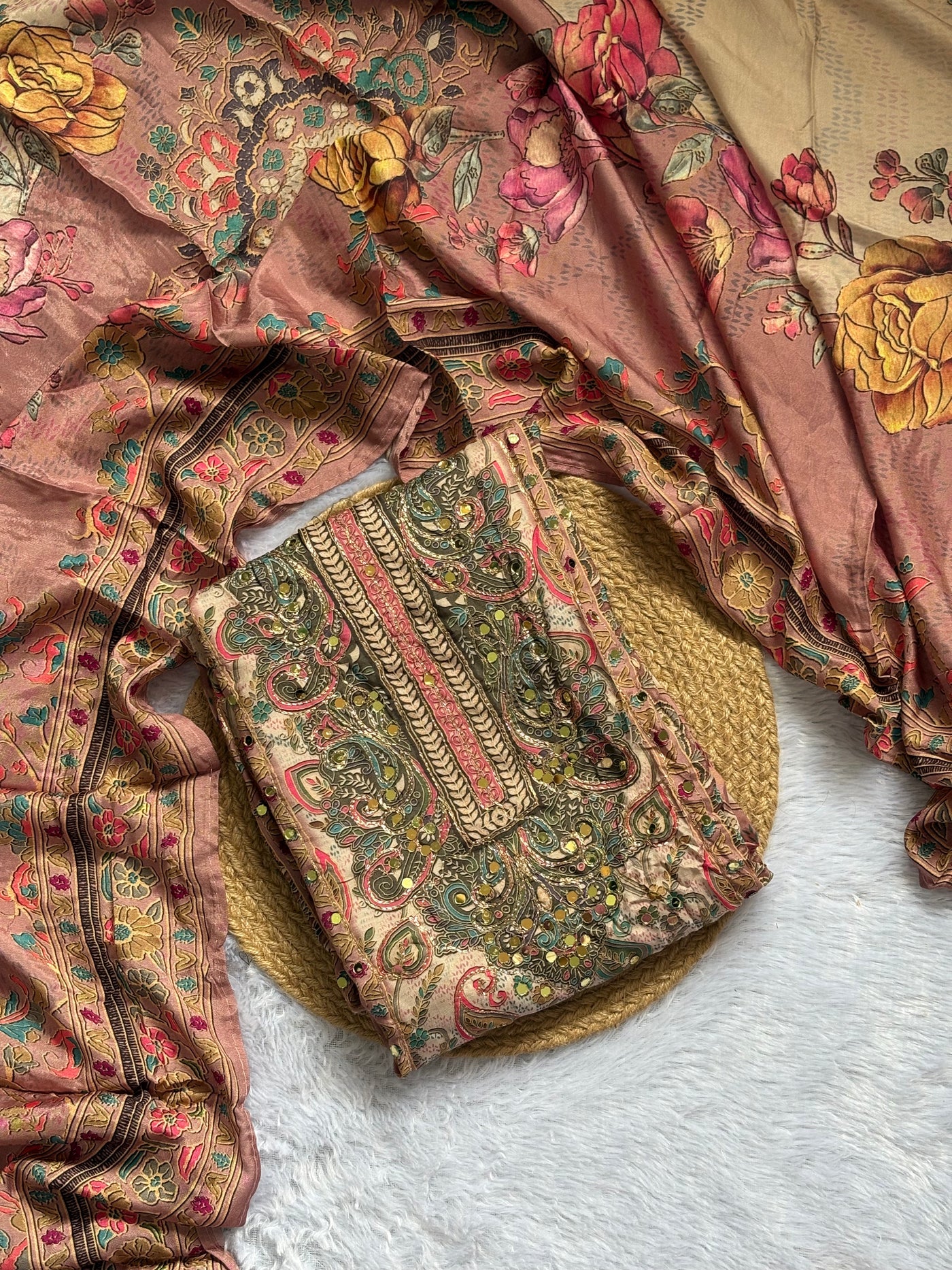 Premium Muslin Suit with Embroidery & Mirror Work