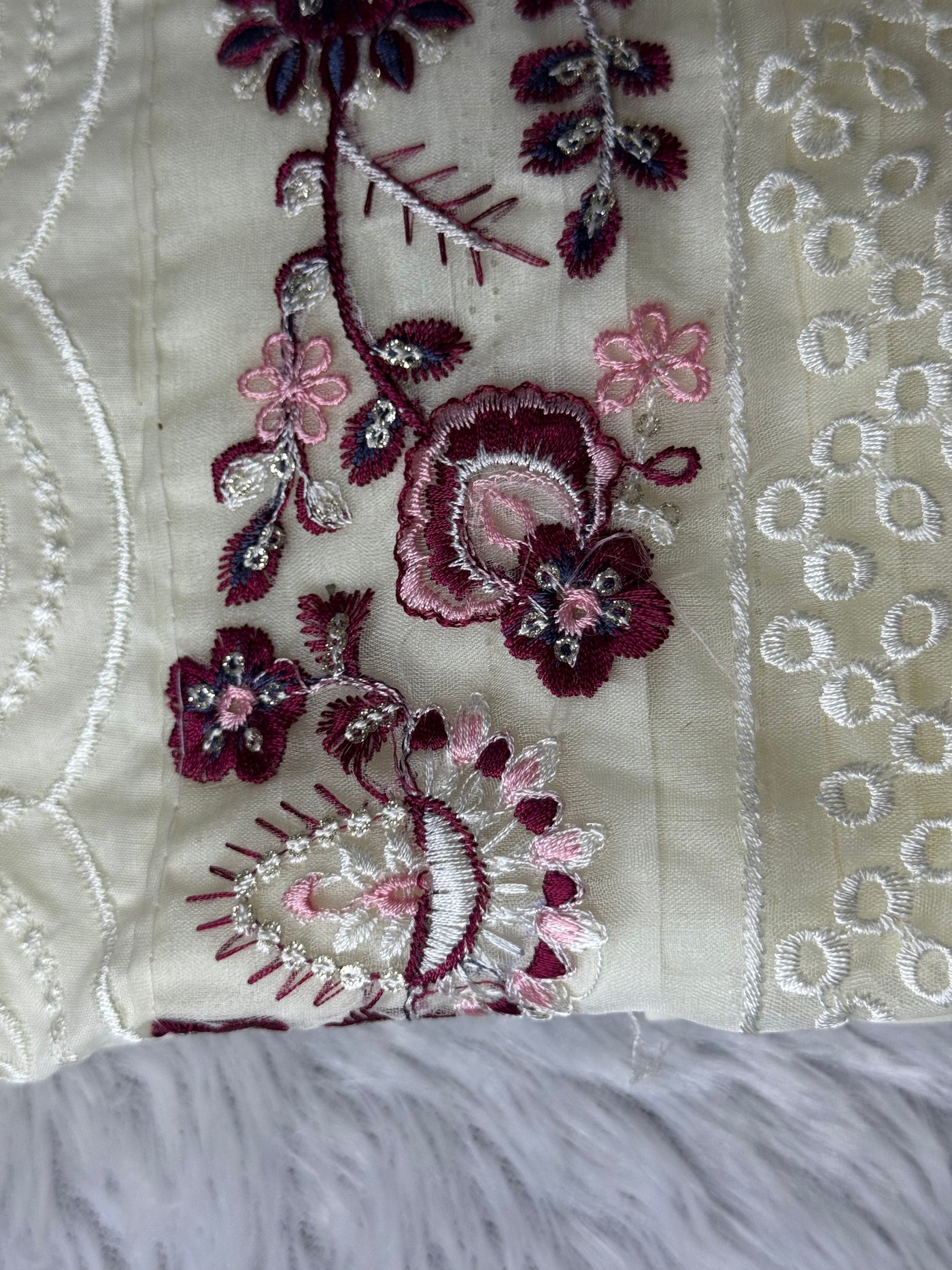 Elegant Cream Chikankari Unstitched Suit with Floral Embroidery & Printed Dupatta