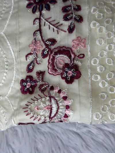 Elegant Cream Chikankari Unstitched Suit with Floral Embroidery & Printed Dupatta
