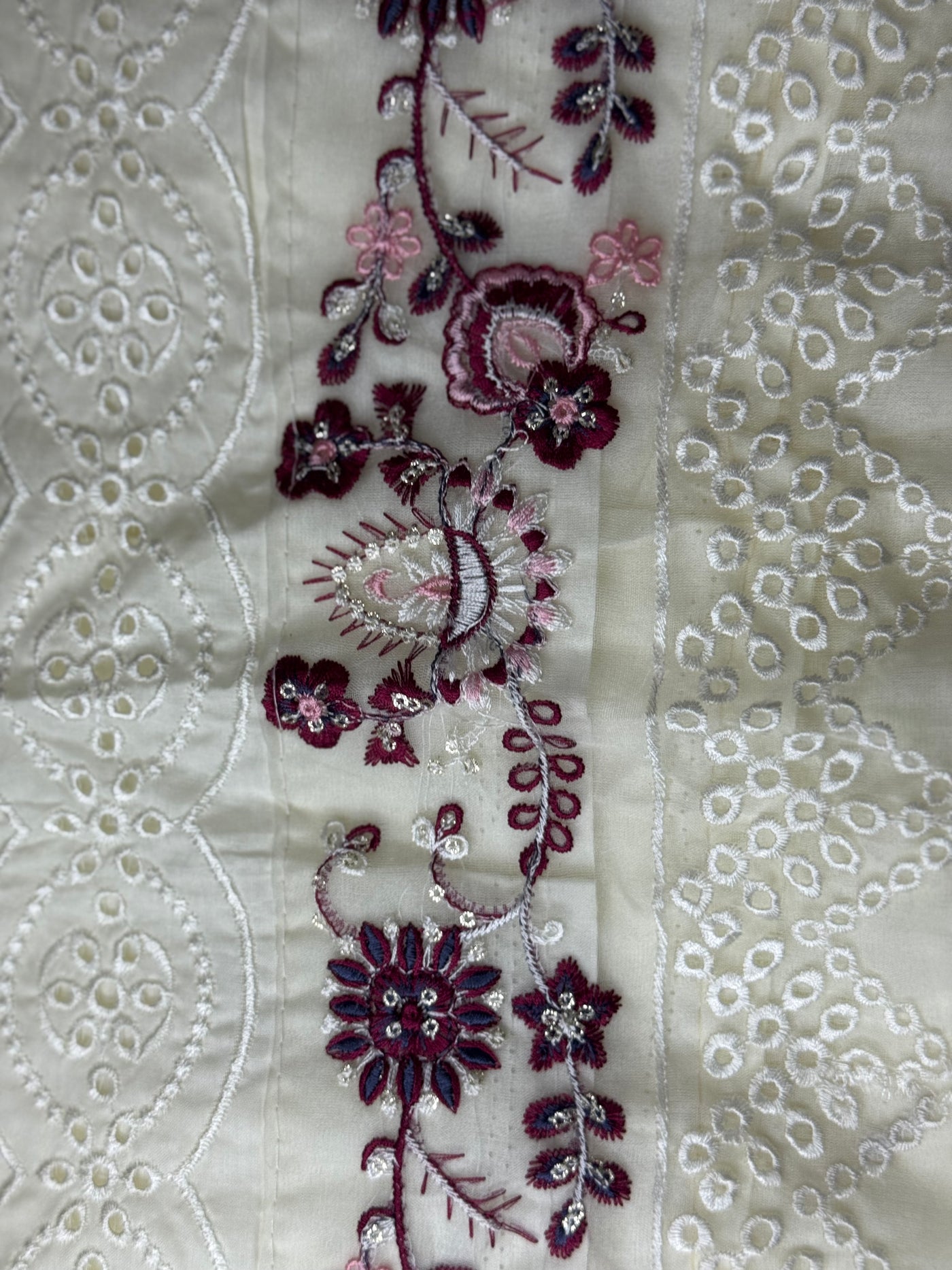 Elegant Cream Chikankari Unstitched Suit with Floral Embroidery & Printed Dupatta