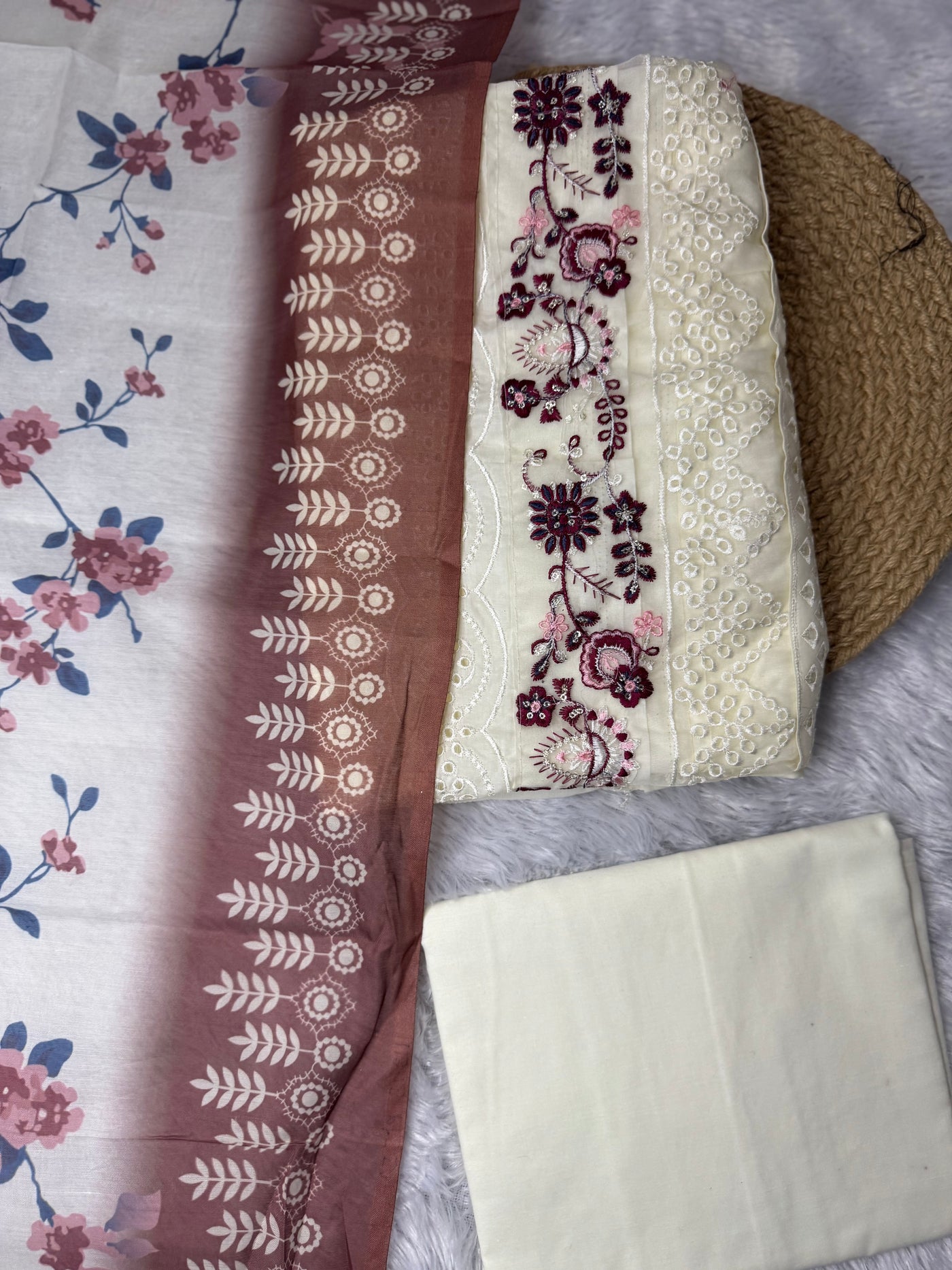 Elegant Cream Chikankari Unstitched Suit with Floral Embroidery & Printed Dupatta