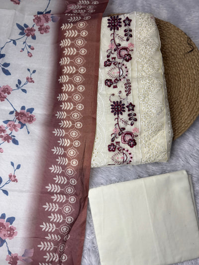 Elegant Cream Chikankari Unstitched Suit with Floral Embroidery & Printed Dupatta