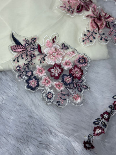 Elegant Cream Chikankari Unstitched Suit with Floral Embroidery & Printed Dupatta