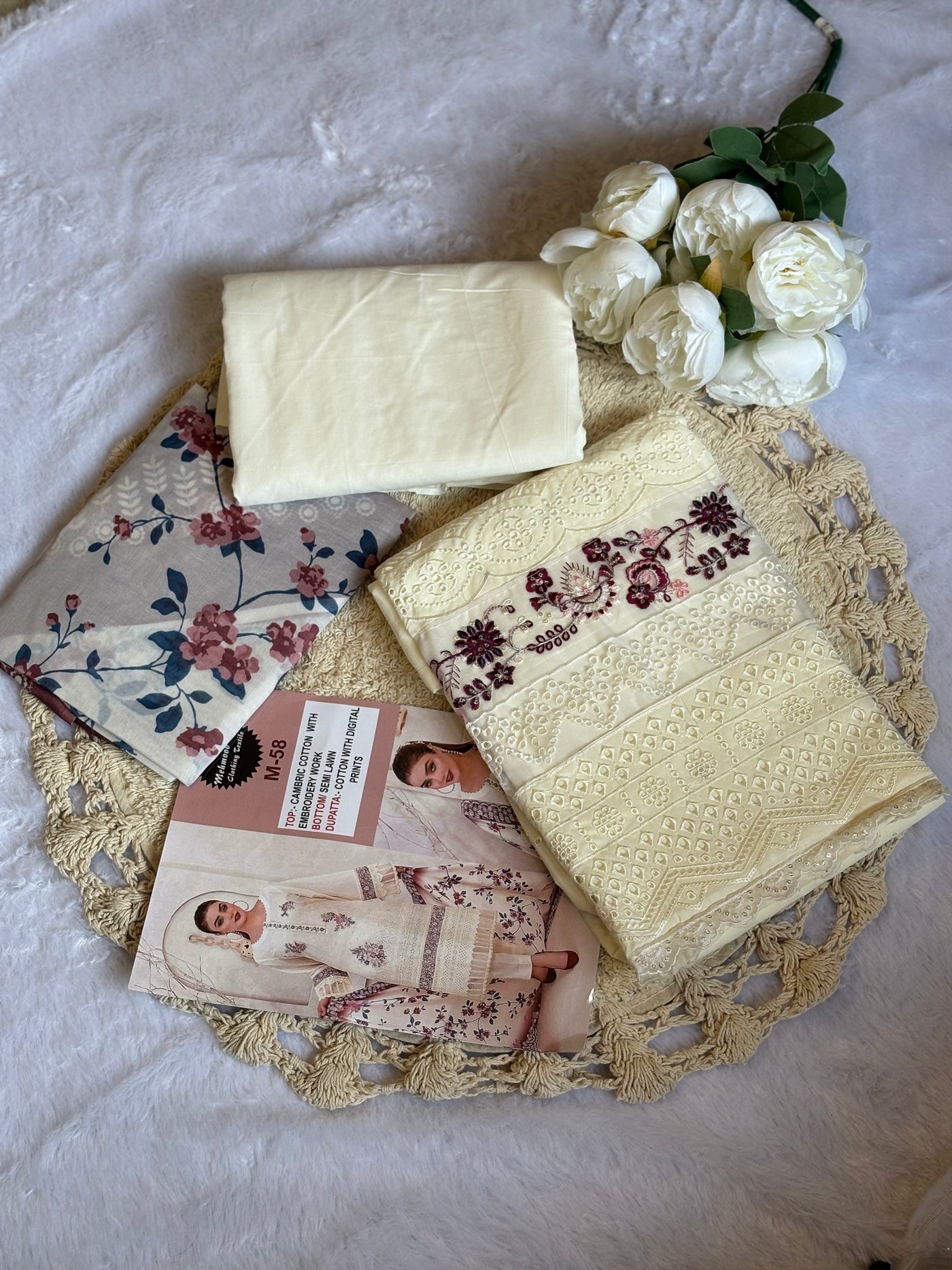 Elegant Cream Chikankari Unstitched Suit with Floral Embroidery & Printed Dupatta