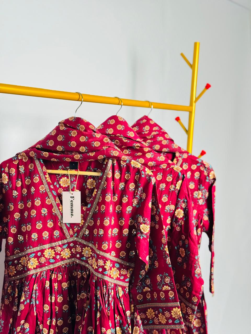 Boho Floral Maroon Anarkali Kurta