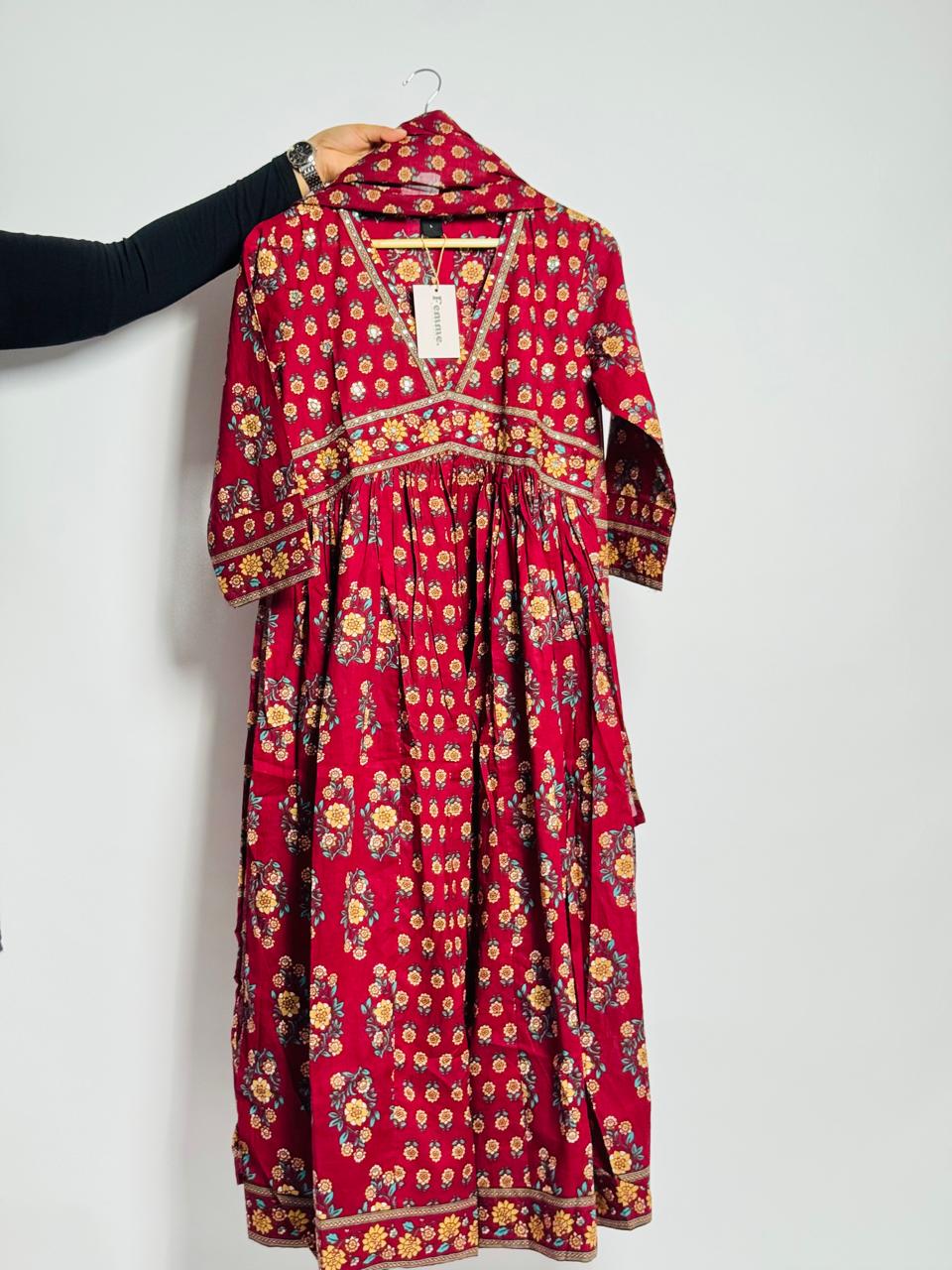 Boho Floral Maroon Anarkali Kurta