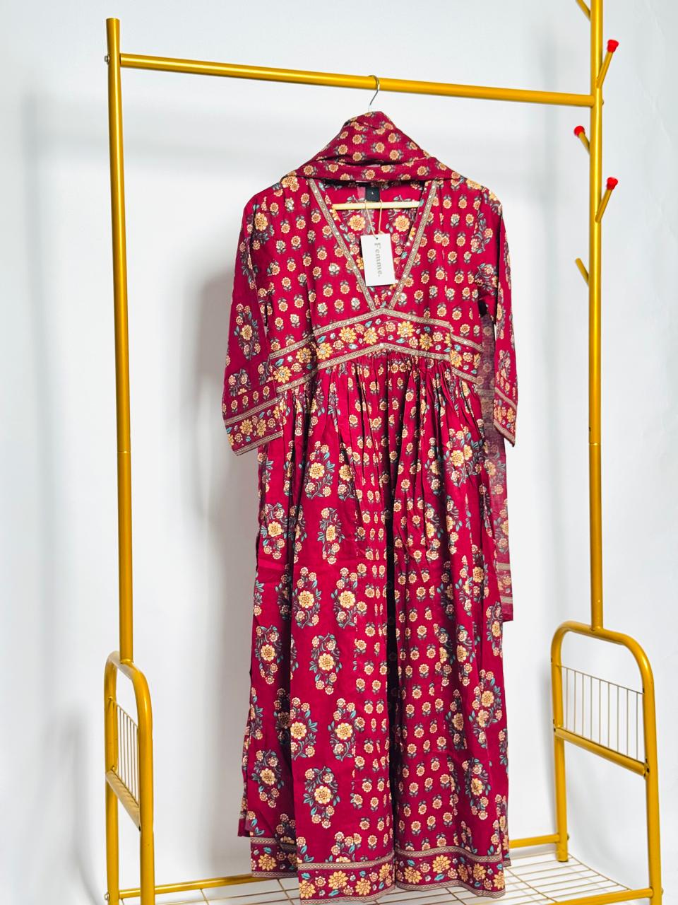 Boho Floral Maroon Anarkali Kurta